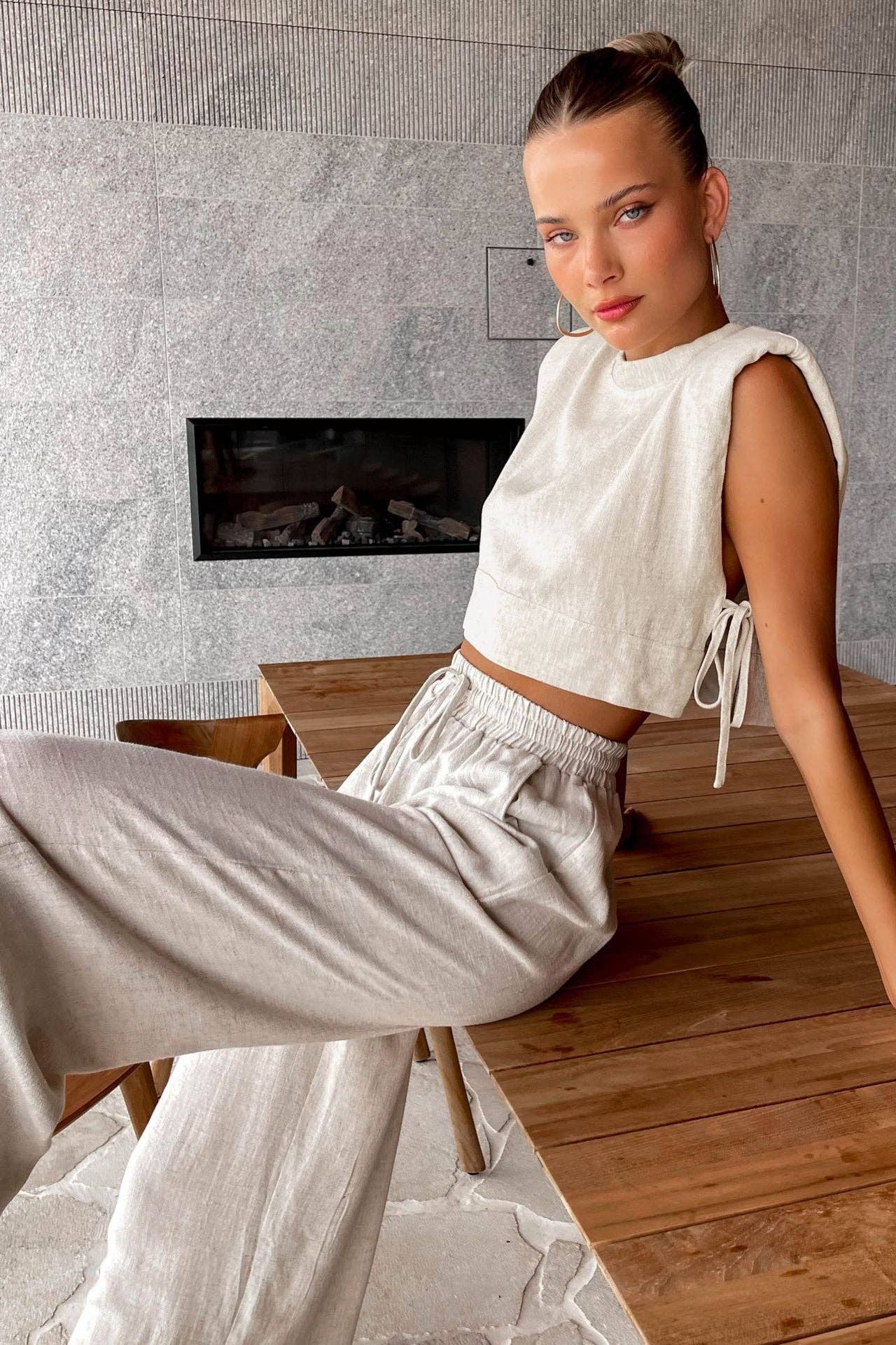 Linen Sleeveless Crop Top and Pants 2PCS Black