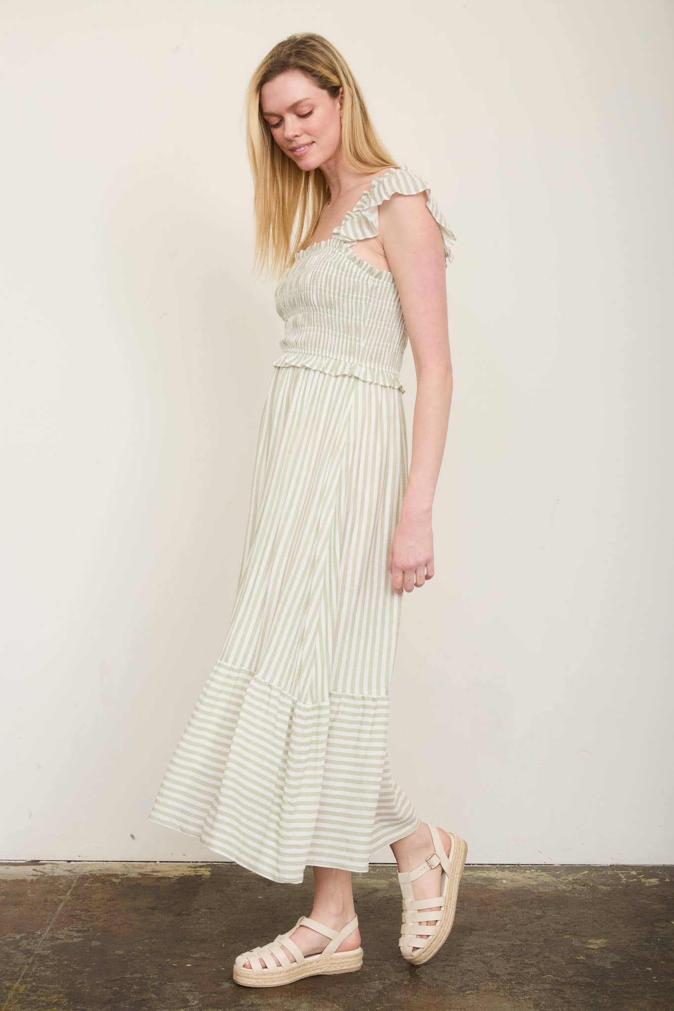 PLUS STRIPE SMOCKED RUFFLE TRIM MIDI DRESS : BLUE
