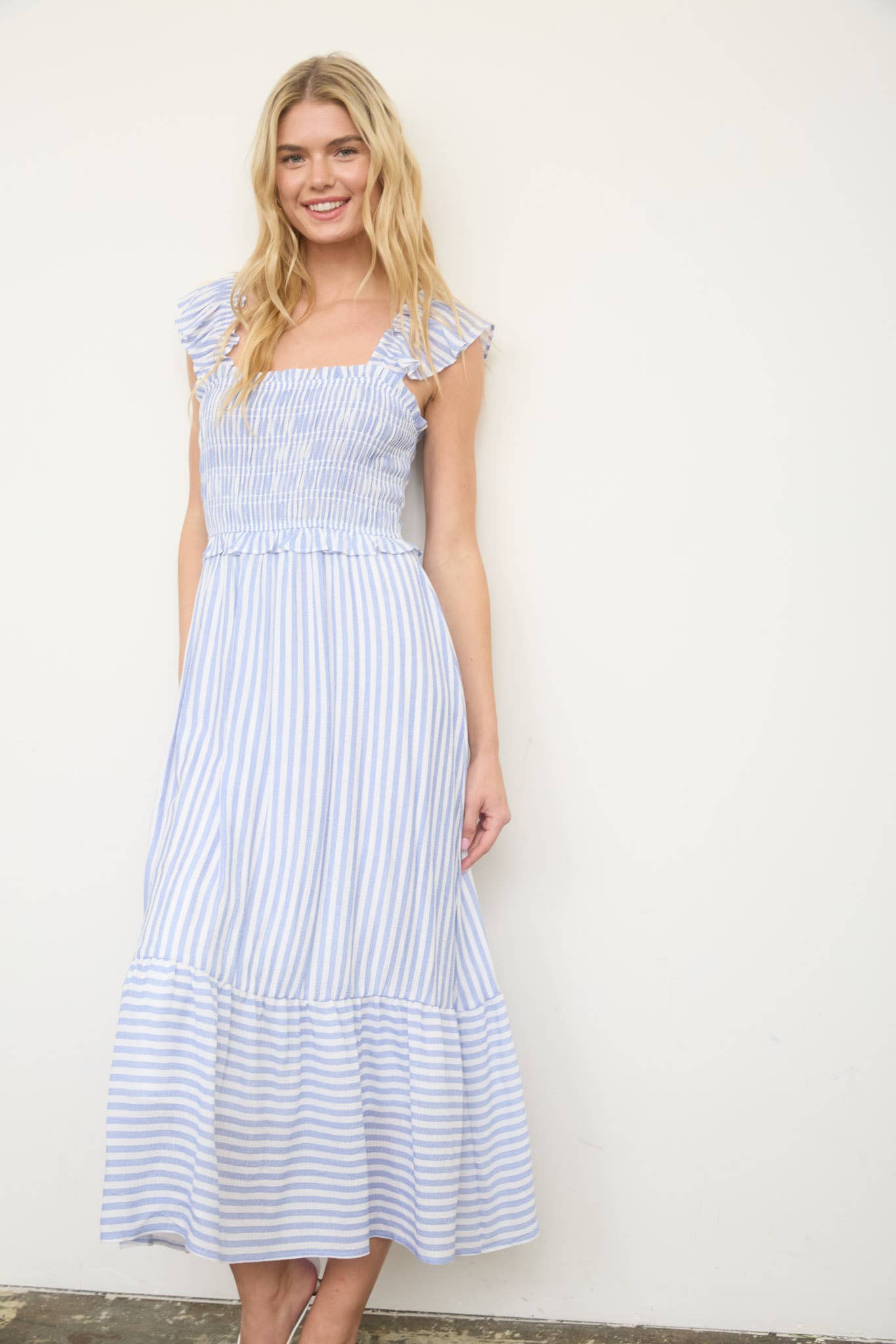 STRIPE SMOCKED RUFFLE TRIM MIDI DRESS: LIGHT OLIVE